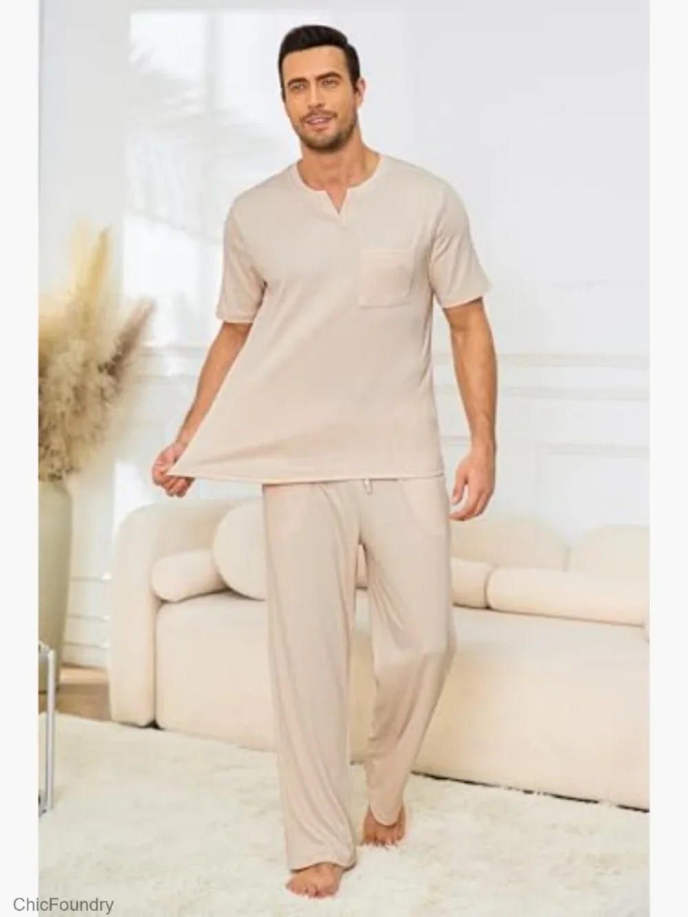 Matching Pajama Set Soft Short Sleeve Top and Pant Lounge Pjs Pockets